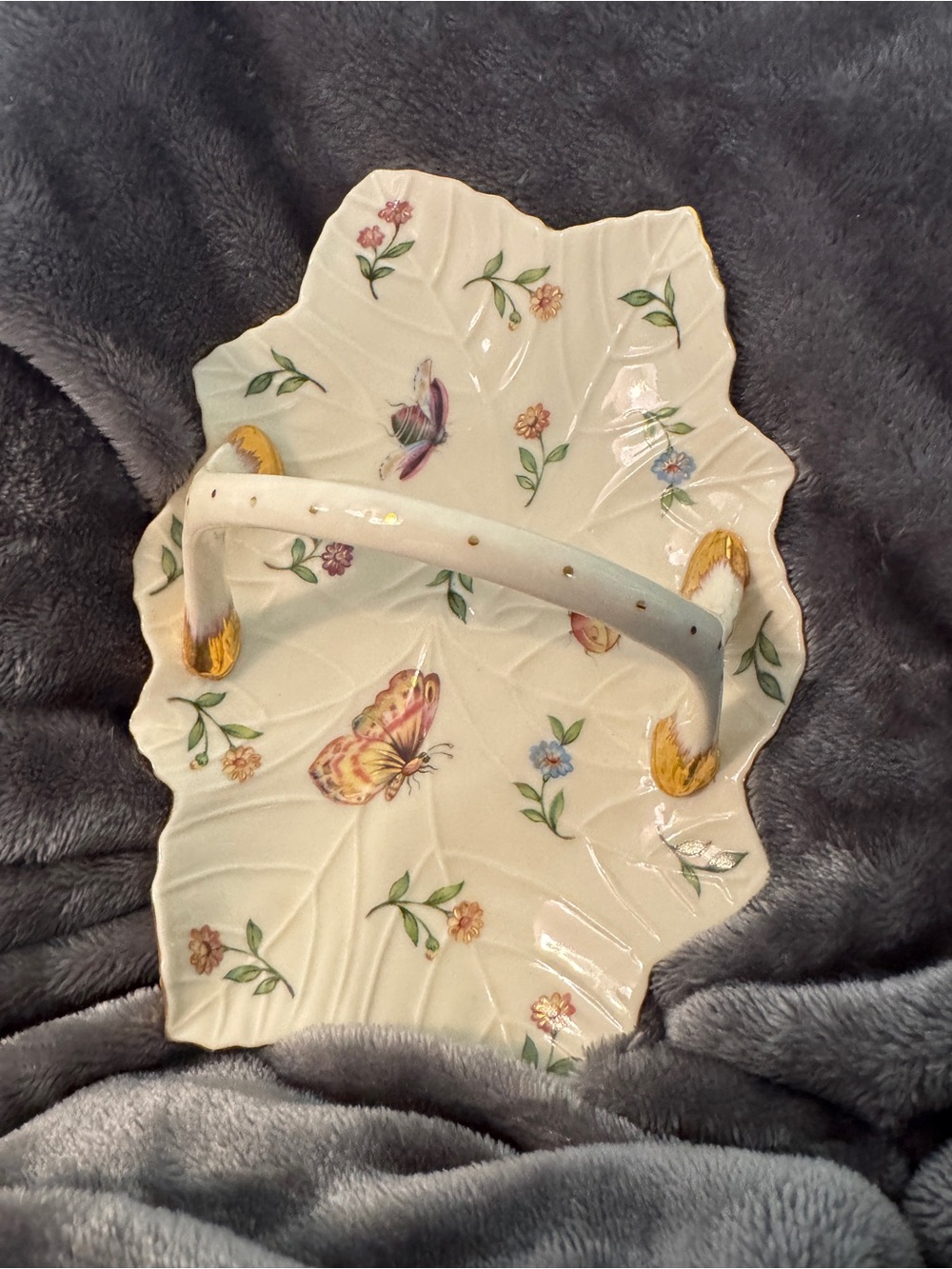 Cream Porcelain Leaf Dish with Butterfly Motif and Gold Accents